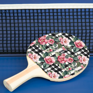 Raquette De Ping Pong Plaqué noir et blanc avec Camellias rose feuillus