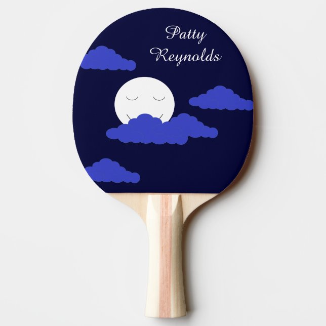 Raquette De Ping Pong Pleine lune souriante avec nuages : bleu foncé (Dos)