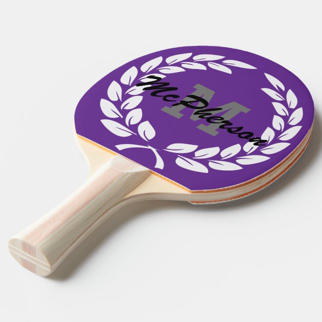 Raquette De Ping Pong Pourpre avec couronne victorieuse et monogramme/no (Devant Angle)