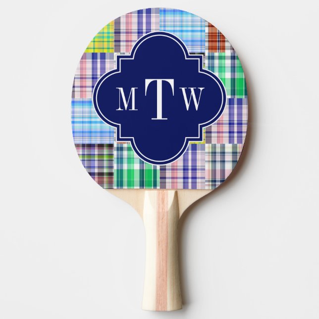 Raquette De Ping Pong Preppy Patchwork Madras Navy Quatrefoil Monogramme (Devant)