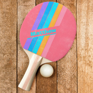 Raquette De Ping Pong Rayé Sunrise Néon des Années 80 avec Nom en Distre