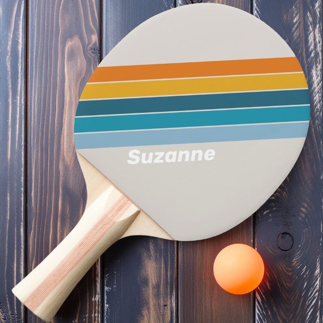 Raquette De Ping Pong Rayures arc-en-ciel rétro avec nom (Créateur téléchargé)