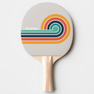 Raquette De Ping Pong Rayures bouclées arc-en-ciel océan rétro avec nom