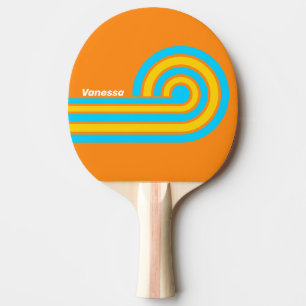 Raquette De Ping Pong Rayures de plage rétro estivales avec nom