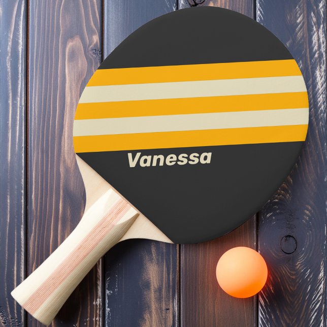 Raquette De Ping Pong Rayures noires rétro du soleil avec nom (Créateur téléchargé)
