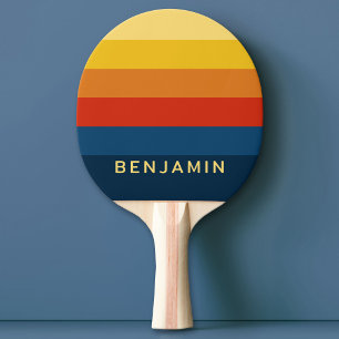 Raquette De Ping Pong Rayures Rétro Coucher de Soleil avec Nom Simple Sa