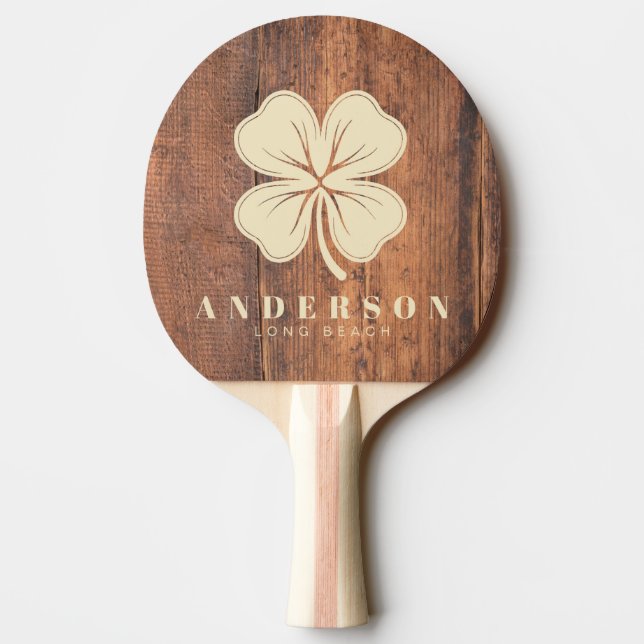 Raquette De Ping Pong Reclaimed Wood Four Leaf Clover with Name (Dos)
