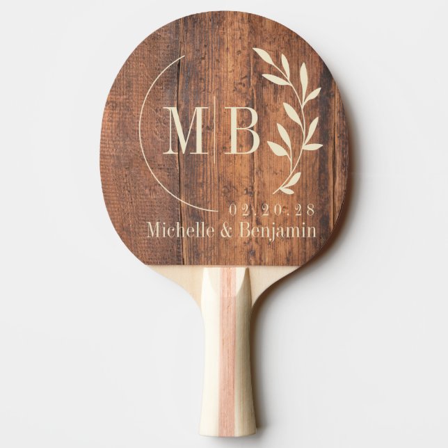 Raquette De Ping Pong Reclaimed Wood Leaf Wedding Monogram (Dos)