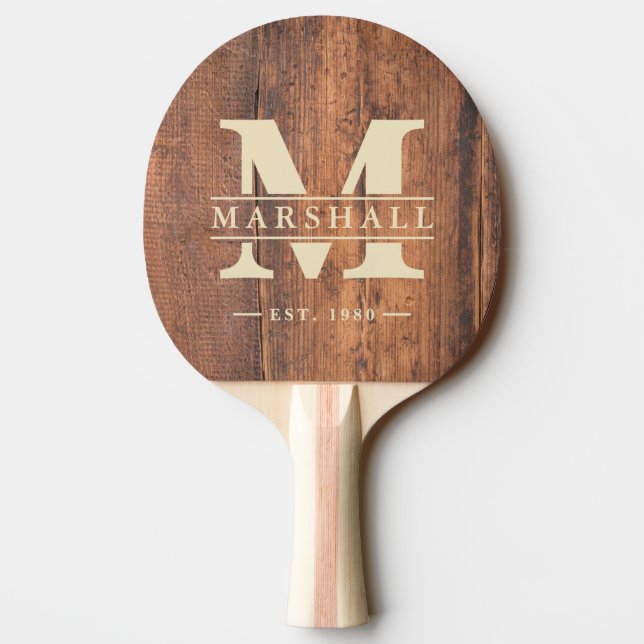 Raquette De Ping Pong Reclaimed Wood Monogram & Name Overlay (Dos)