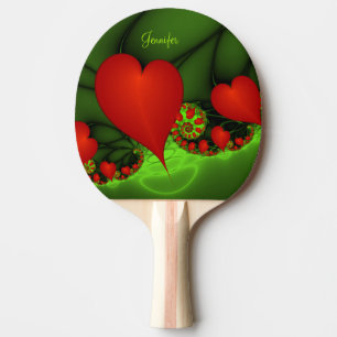 Raquette De Ping Pong Red Hearts Lime Green Modern Abstrait Nom fractal