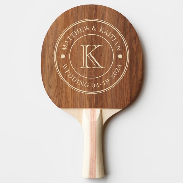 Raquette De Ping Pong Red Oak Wood Wedding Monogram (Dos)