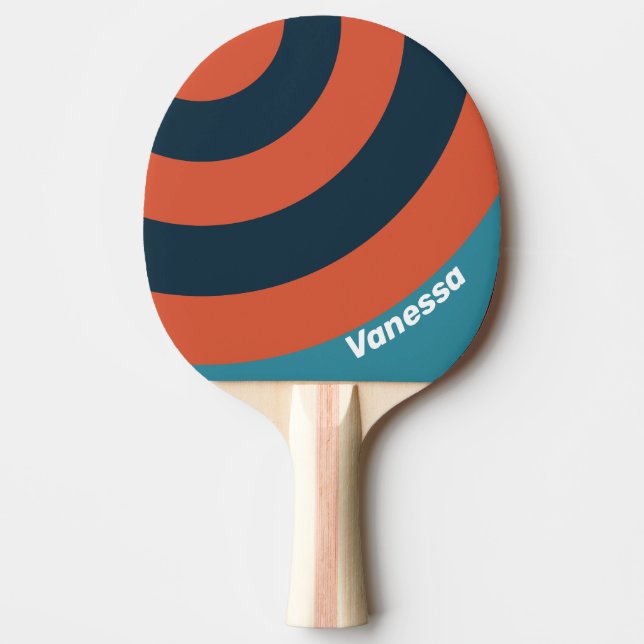 Raquette De Ping Pong Rétro Cercle rayé sarcelle avec nom éclaboussé (Devant)