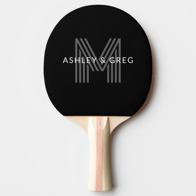 Raquette De Ping Pong Retro Moderne Nom/s Monogramme modifiable Noir et  (Devant)