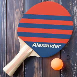 Raquette De Ping Pong Rétro Sport Rayures Rouges et Bleues avec Nom
