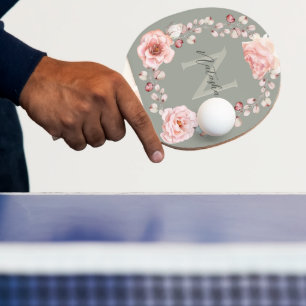 Raquette De Ping Pong Rose d'aquarelle Wreath personnalisée   Vert sage