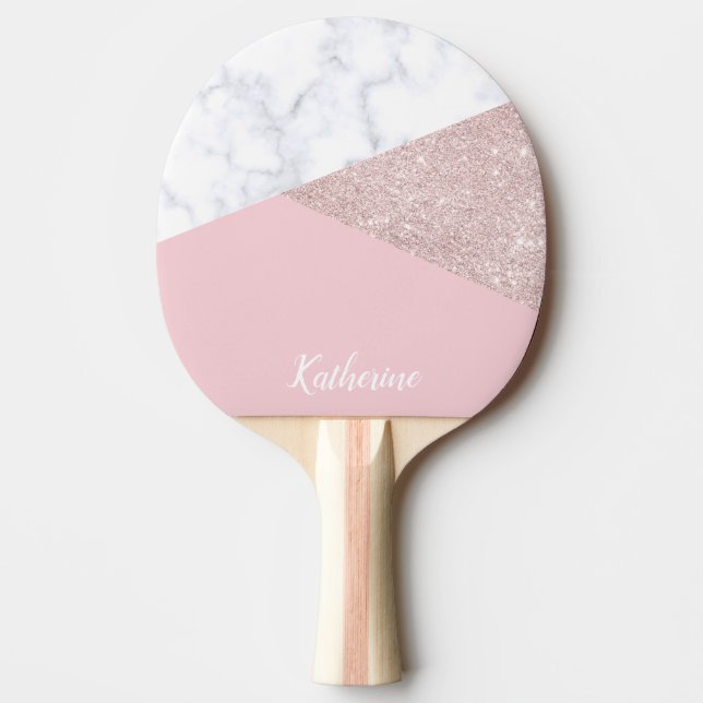 Raquette De Ping Pong Rose de marbre blanc de parties scintillantes (Devant)