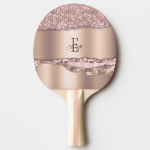 Raquette De Ping Pong Rose Gold Tendance Diamants Paillettes Monogramme