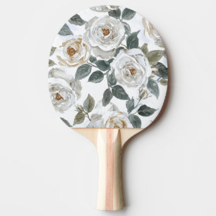 Raquette De Ping Pong Roses de jardin   Floral vintage aquarelle blanc