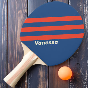 Raquette De Ping Pong Rouge et bleu rétro Trois bandes avec nom