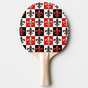 Raquette De Ping Pong Rouge Noir Blanc À damiers Fleur de lis Design
