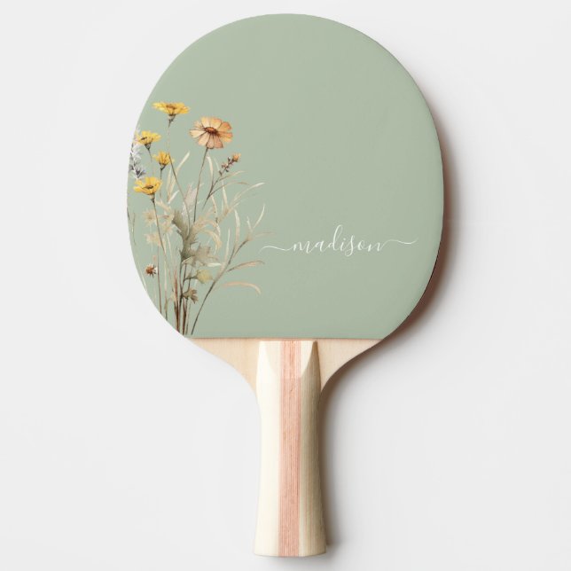 Raquette De Ping Pong Sage Green Fleur sauvage Moderne Monogramme Élégan (Devant)