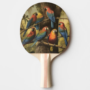 Raquette De Ping Pong Scène botanique vintage perroquets colorés dans un