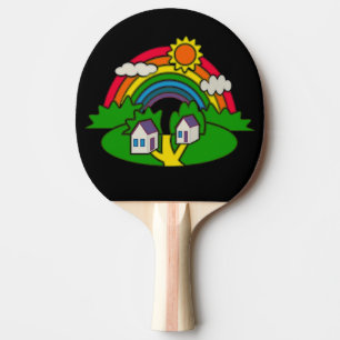 Raquette De Ping Pong Scène rurale avec arc-en-ciel et maison de campagn