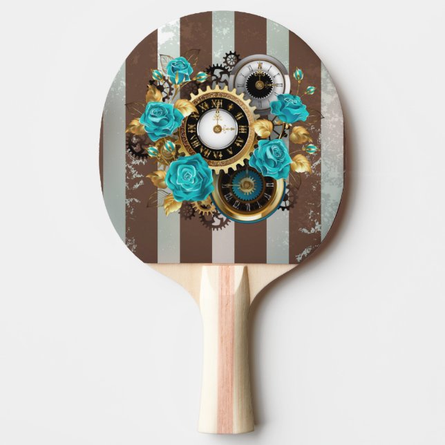 Raquette De Ping Pong Steampunk Clock and Turquoise Roses on Striped (Devant)