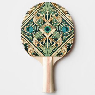 Raquette De Ping Pong Texture des plumes abstraites or et vert paon