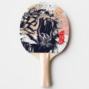 RAQUETTE DE PING PONG TIGRE PEINT ET KANJI ESPÈRE FOI ET AMOUR