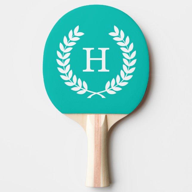 Raquette De Ping Pong Turquoise Laine de blé blanc Wreath Monogramme ini (Devant)