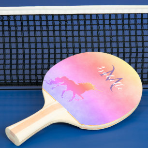 Raquette De Ping Pong Unicorne rose violet nom monogramme fille