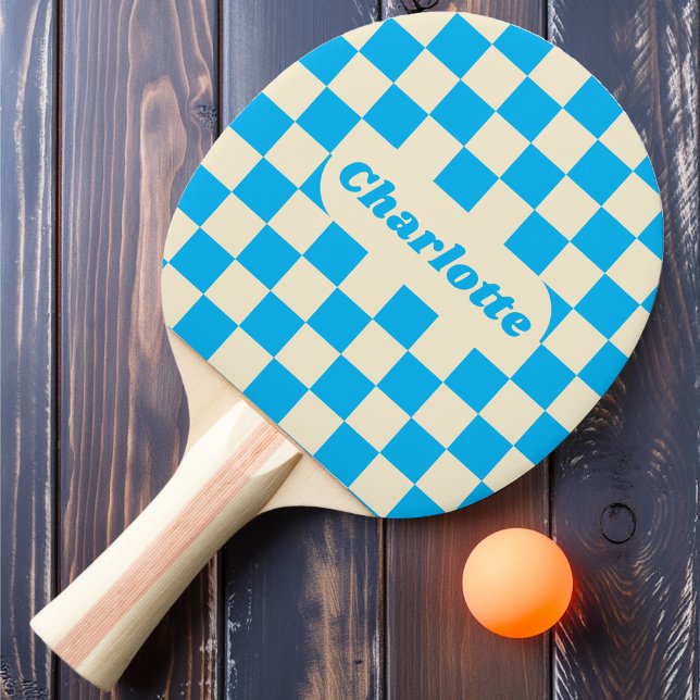 Raquette De Ping Pong Vérificateur Bleu & Crème avec Nom (Créateur téléchargé)