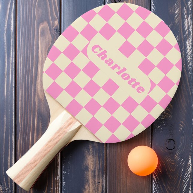 Raquette De Ping Pong Vérificateur rose et crème avec nom (Créateur téléchargé)