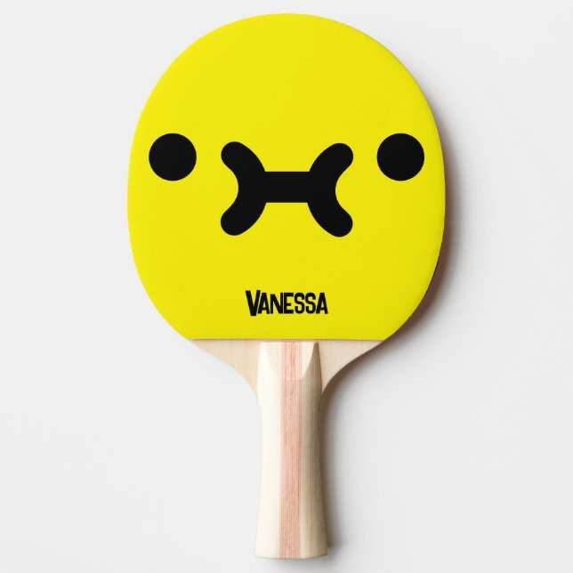 Raquette De Ping Pong Visage Jaune Boudeur Mignon avec Nom (Devant)