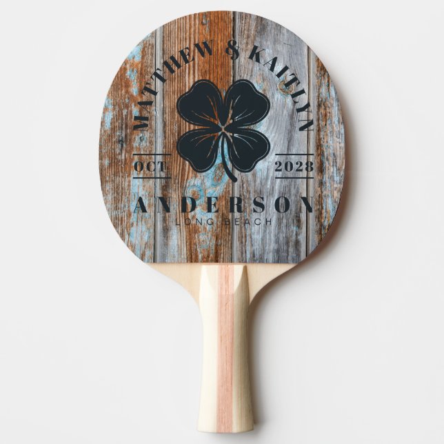 Raquette De Ping Pong Worn Blue Wash Wood Irish Clover Wedding Crest (Devant)