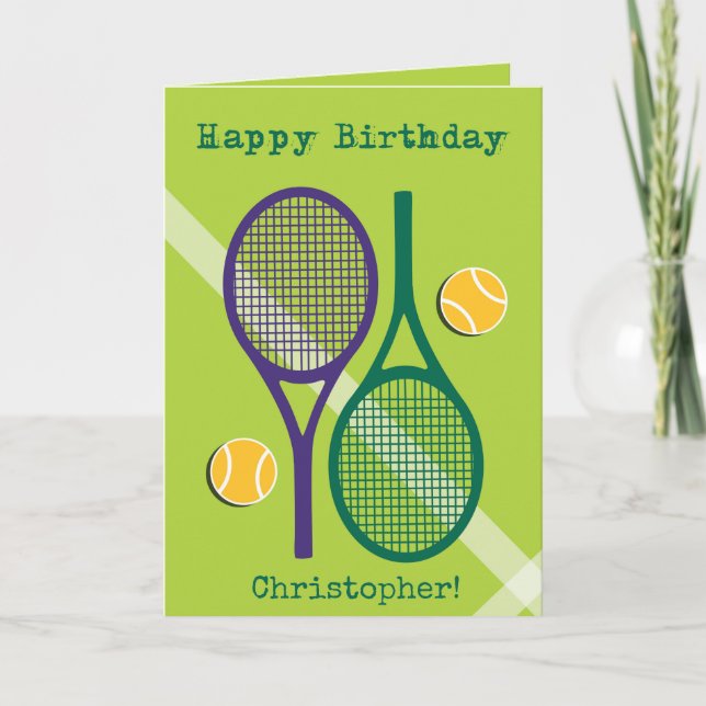 Raquette de tennis verte et violette carte d'anniv (Devant)