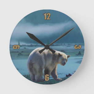 Rare Ghost Bear and Misty River Wildlife Scene Round Clock