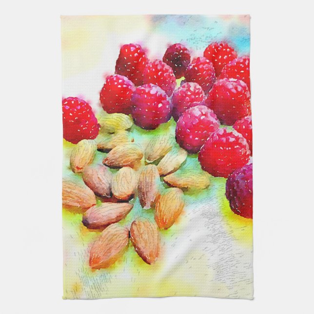 Raspberries and Almonds Watercolor Kitchen Towel (Vertical)