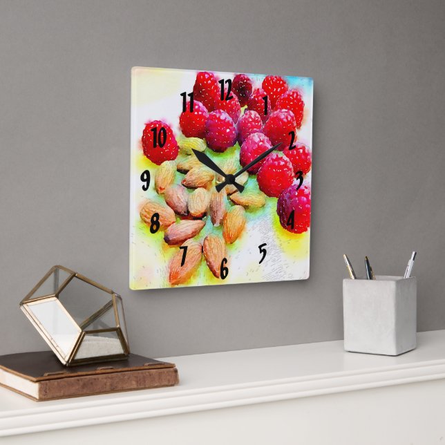 Raspberries and Almonds Watercolor Square Wall Clock (Office)