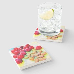 Raspberries and Almonds Watercolor Stone Coaster