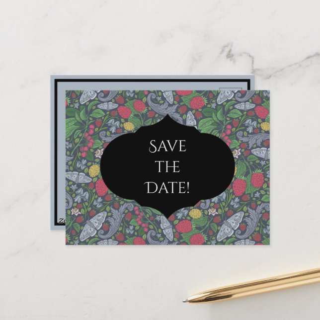 Raspberries Butterflies Currants Save the Date  Holiday Postcard (Front/Back In Situ)