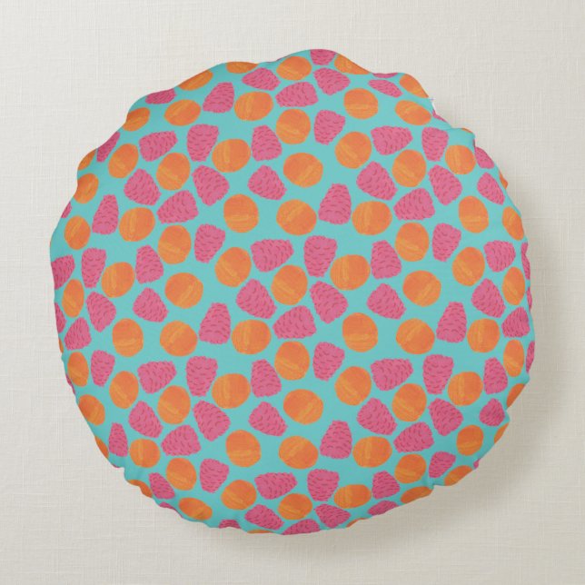 Raspberries, Tangerines on Bright Turquoise Blue Round Pillow (Back)