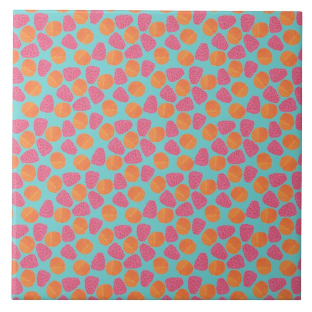 Raspberries Tangerines on Bright Turquoise Blue Tile (Front)