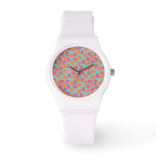 Raspberries Tangerines on Bright Turquoise Blue Watch (Front)