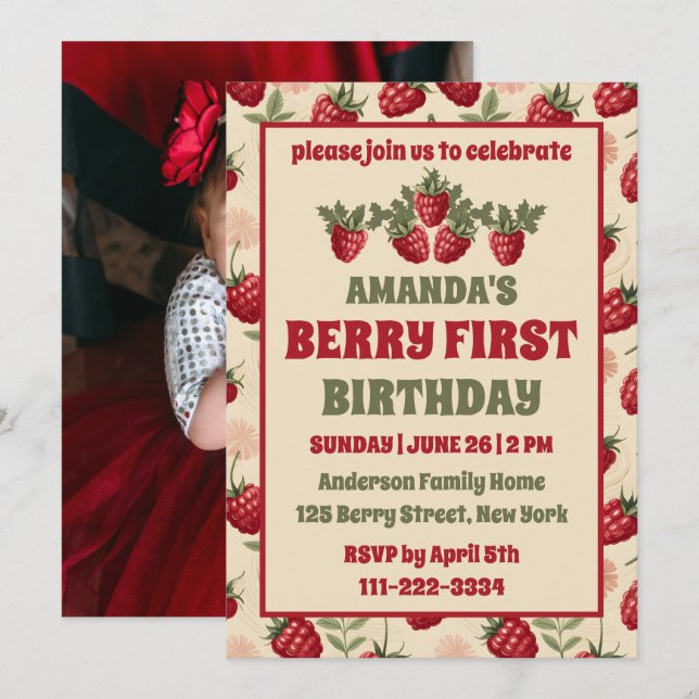 Raspberry 1st Birthday Party Berry First Photo Invitation (Front/Back)