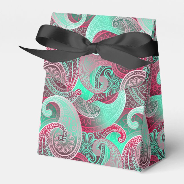 Raspberry and Aqua Paisley Damask Pattern Favor Box (Front Side)