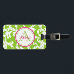 Raspberry and Lime Monogrammed Damask Print Luggage Tag<br><div class="desc">Raspberry and Lime Monogrammed Damask Print</div>
