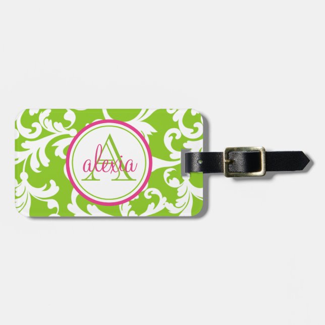 Raspberry and Lime Monogrammed Damask Print Luggage Tag (Front Horizontal)
