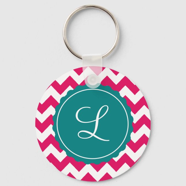 Raspberry and Teal Zig Zag Custom Initial Keychain (Front)